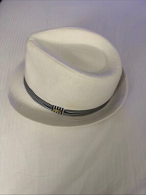 Men's White Fedora with Navy Stripe Band